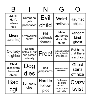 Horror movie bingo Card