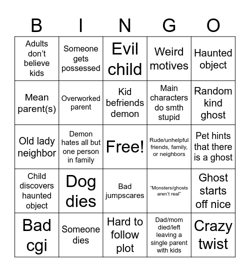 Horror movie bingo Card