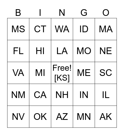 US States BINGO Card