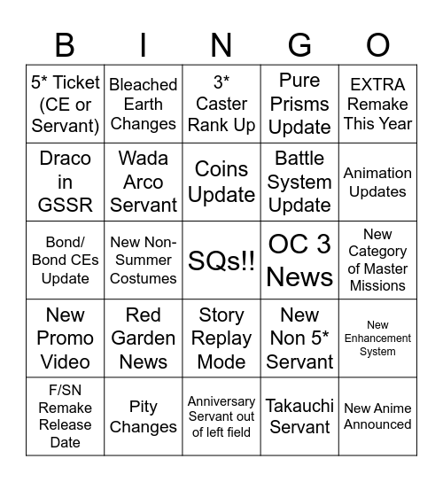 FGO 9th Anniversary Wishlist Bingo Card