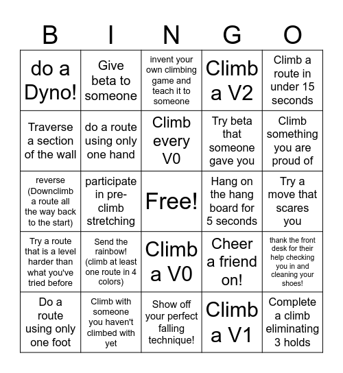 Climbing Bingo Card