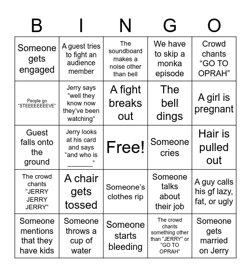 Jerry Springer Sunday Bingo Card