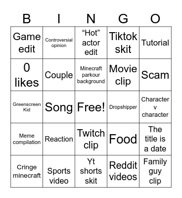 YouTube shorts Bingo Card