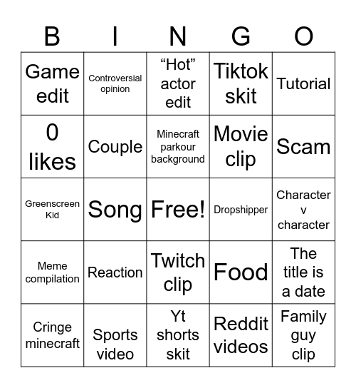 YouTube shorts Bingo Card