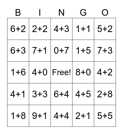 Addition Bingo Card