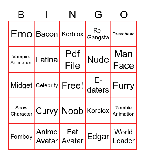 Roblox Bingo Card