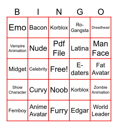 Roblox Bingo Card