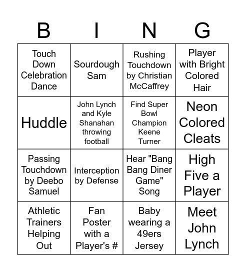 49ers Training Camp Bingo Card