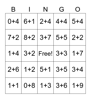 Addition Bingo Card