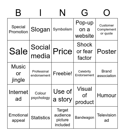 Advertising Bingo Card