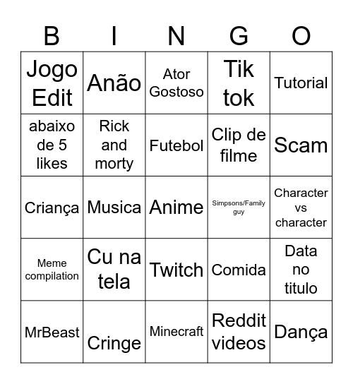 YouTube shorts Bingo Card