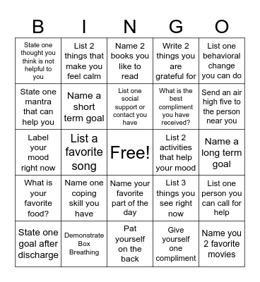 Mental Health Bingo Card