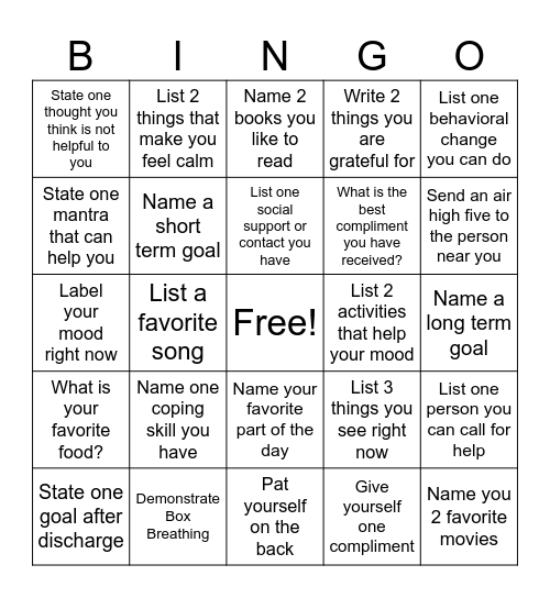 Mental Health Bingo Card