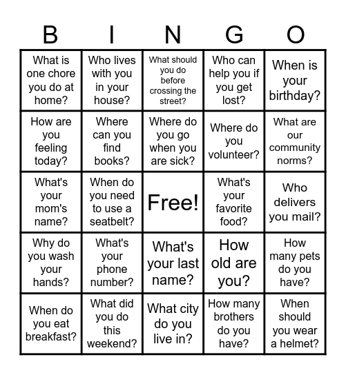 Questions Bingo Card