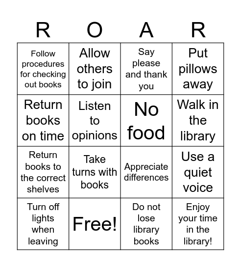 Library ROAR Expectations Bingo Card