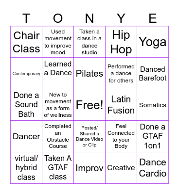 GTAF DWHub Dance Bingo Card