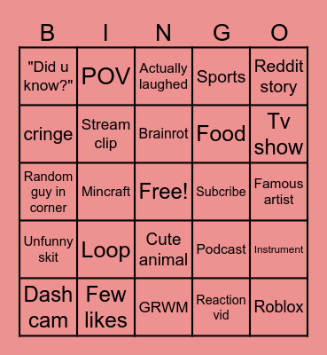 Yt Shorts Bingo Card