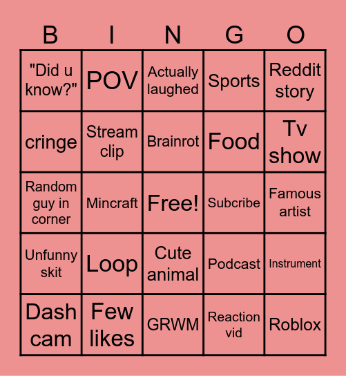 Yt Shorts Bingo Card