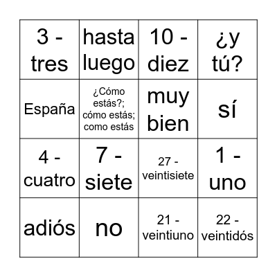 Greetings and numbers Bingo Card