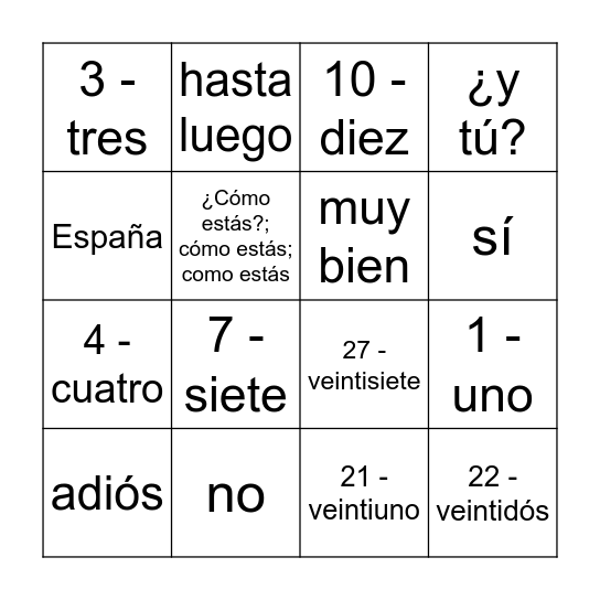Greetings and numbers Bingo Card