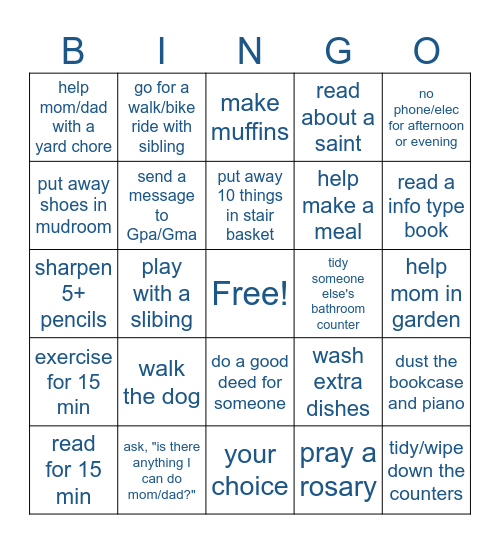 Chore Bingo Card