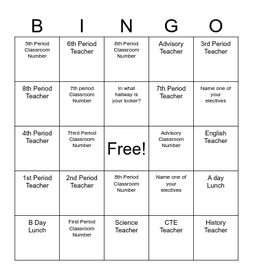 Class Schedule Bingo Card