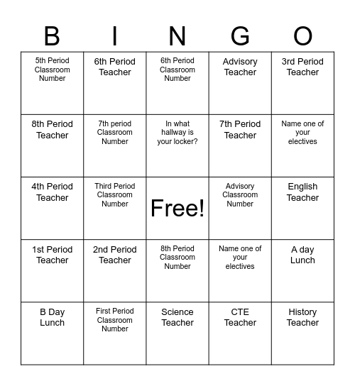 Class Schedule Bingo Card