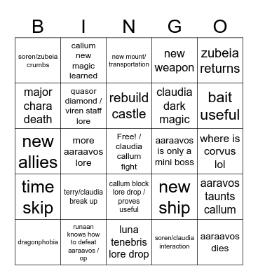 dragon prince s7 bingo Card
