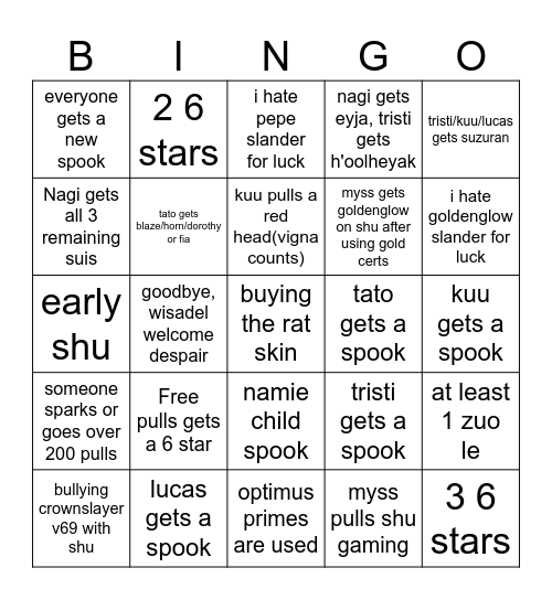 shussy Bingo Card