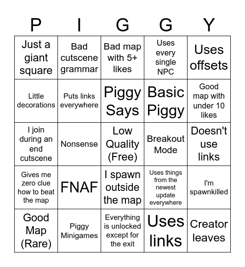 Piggy Build Mode Bingo Card