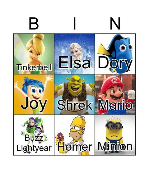 Animated Character Bingo Card