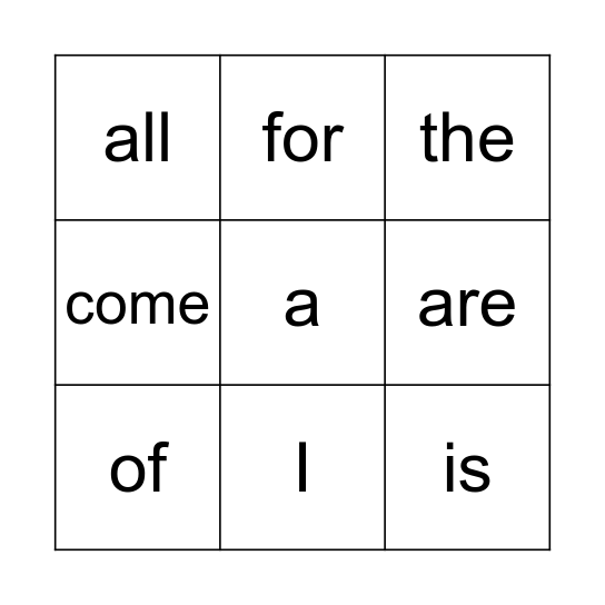 Sight Word Bingo Card