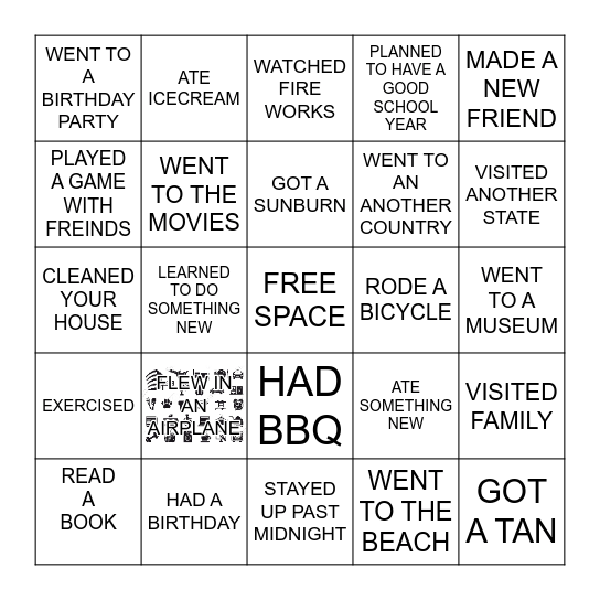 Summer Break Bingo Card