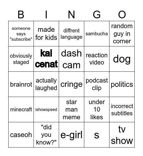 youtube shorts Bingo Card