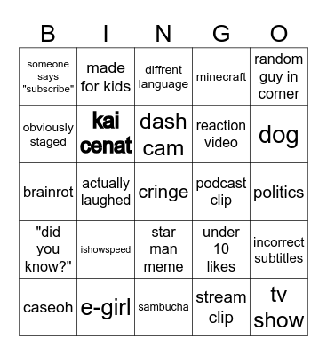 youtube shorts Bingo Card