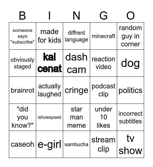 youtube shorts Bingo Card