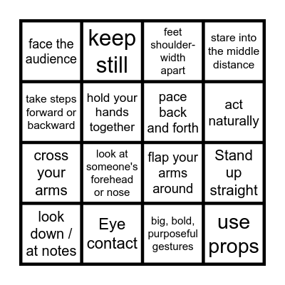 Presentation body language Bingo Card