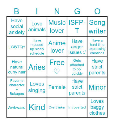 Bakugou's Bingo <3 Bingo Card