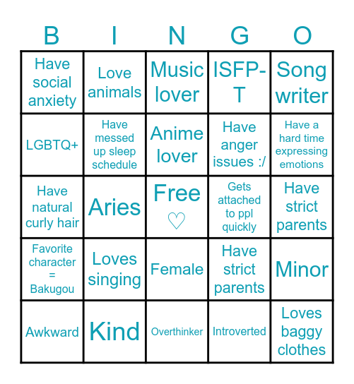 Bakugou's Bingo <3 Bingo Card