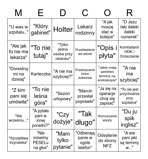 Medicor Bingo Card