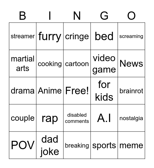 YOUTUBBE Bingo Card