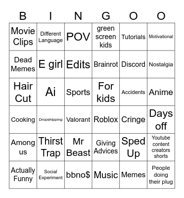 Youtube Binge God Bingo Card