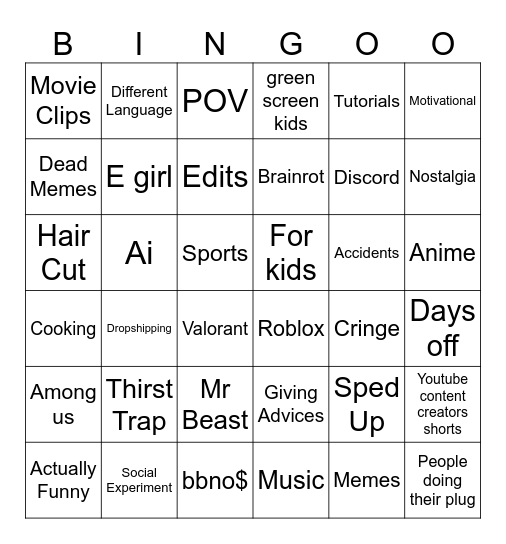 Youtube Binge God Bingo Card