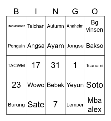 Punya jaewook 🤣 Bingo Card