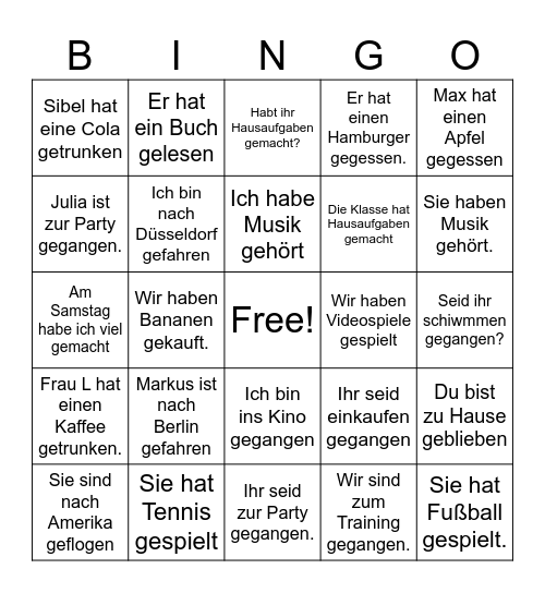 Year 9 das Perfekt Bingo Card