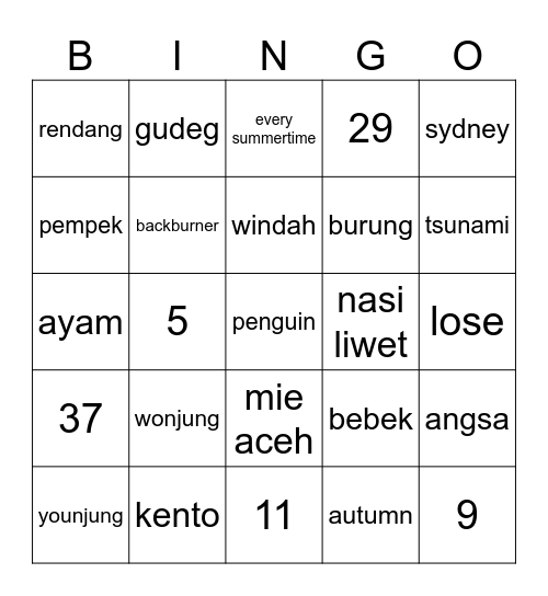 gajelas Bingo Card