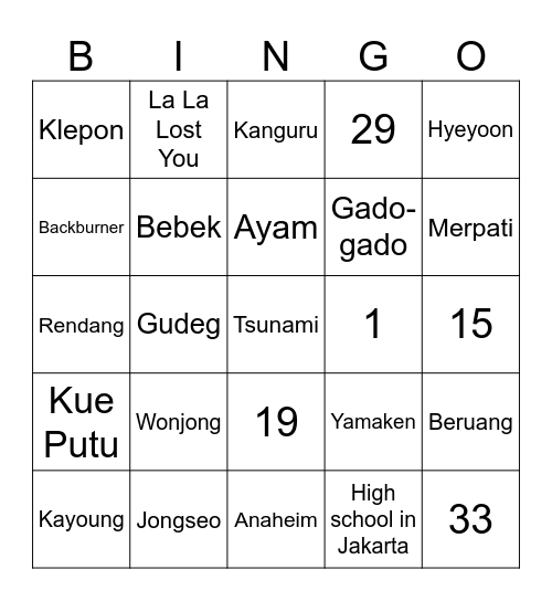 Punya Kayoung Bingo Card