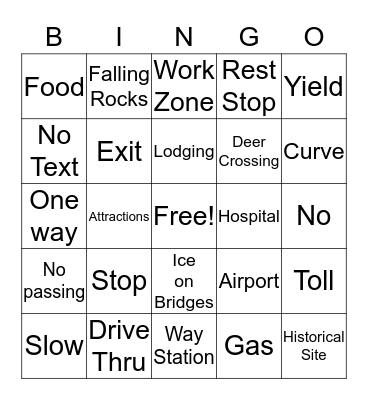 Road Sign  Bingo Card