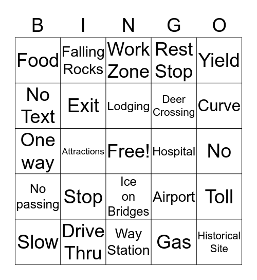 Road Sign  Bingo Card