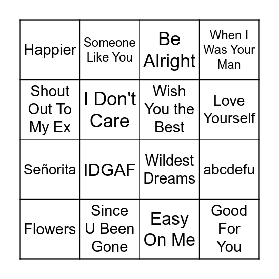 BREAKUPSONGS1 Bingo Card